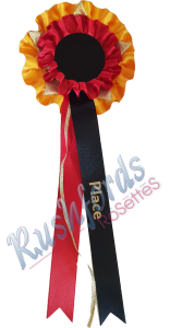 2 Row Mini American Style Rosette
Fancier version of the standard style 2 Row/Tier Rosette with novelty ribbon. 
Classy and cost-effective.